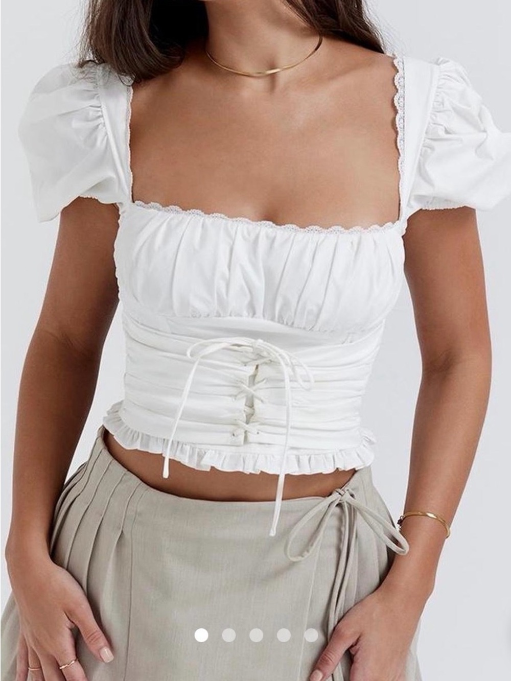 House of CB White Lace-Trim Puff Sleeve Corset Top